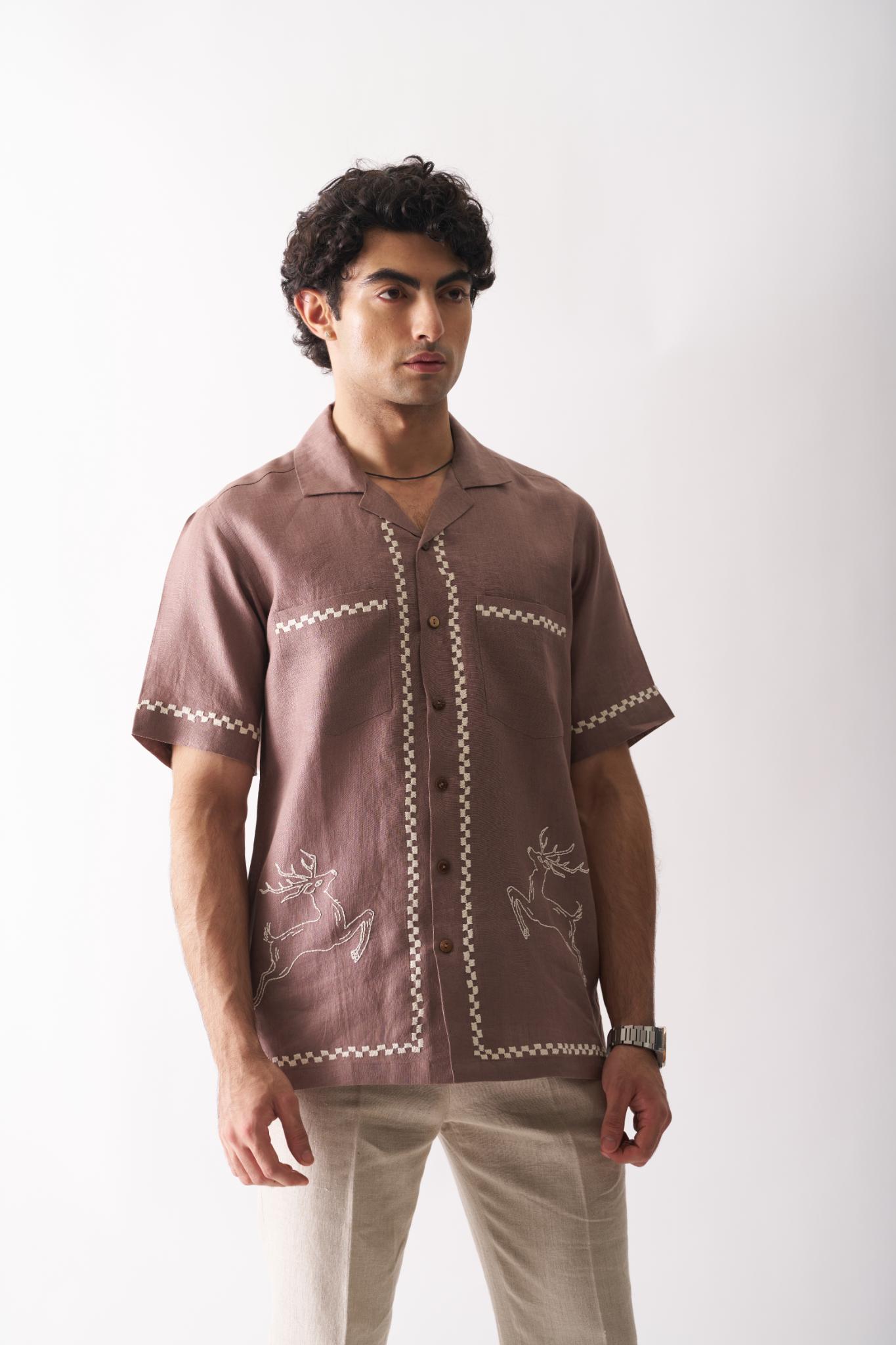 Deer's Delight - Mens Hand Embroidered Pure Linen Shirt - CiceroniShirtsCultura Studio