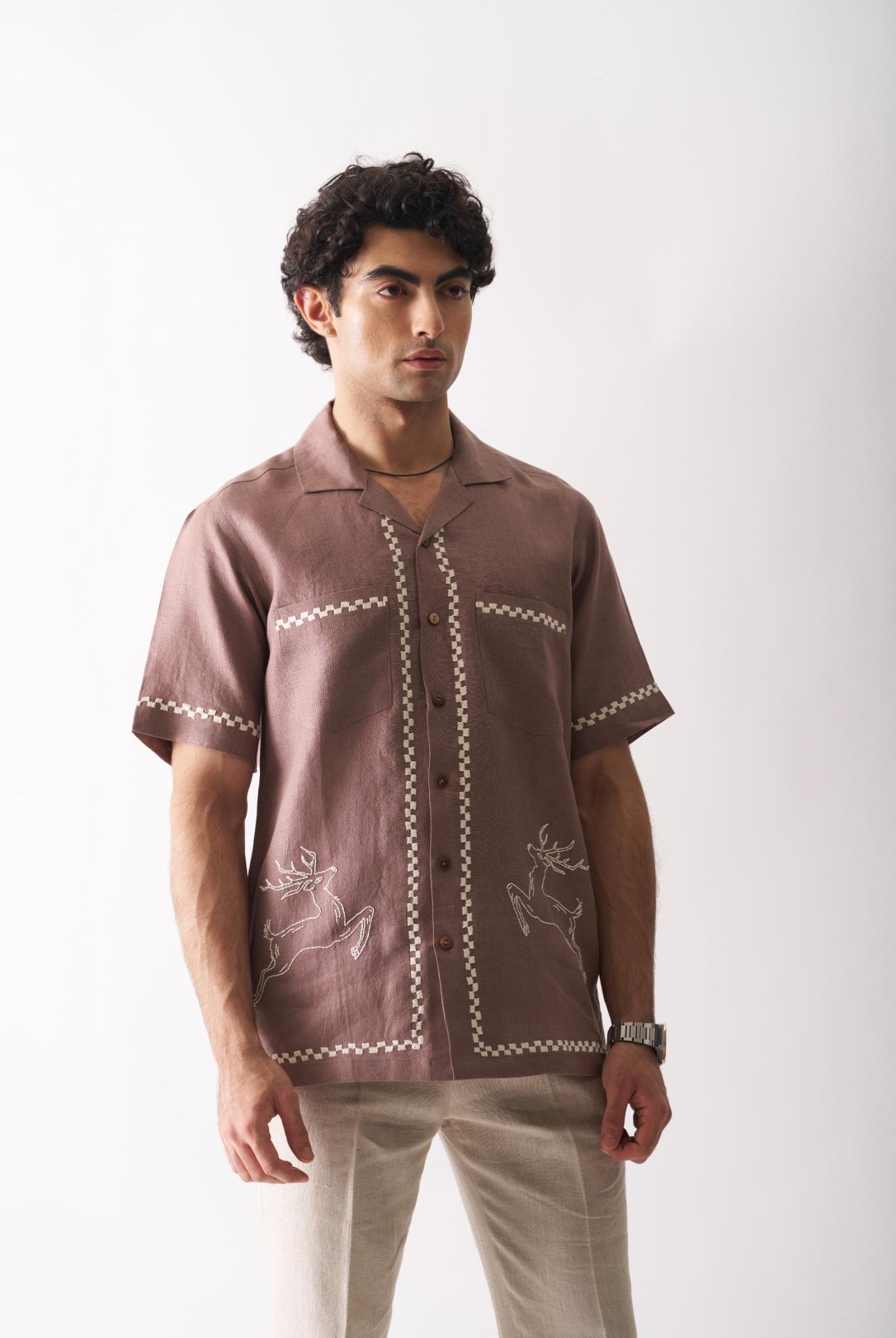 Deer's Delight - Mens Hand Embroidered Pure Linen Shirt - CiceroniShirtsCultura Studio