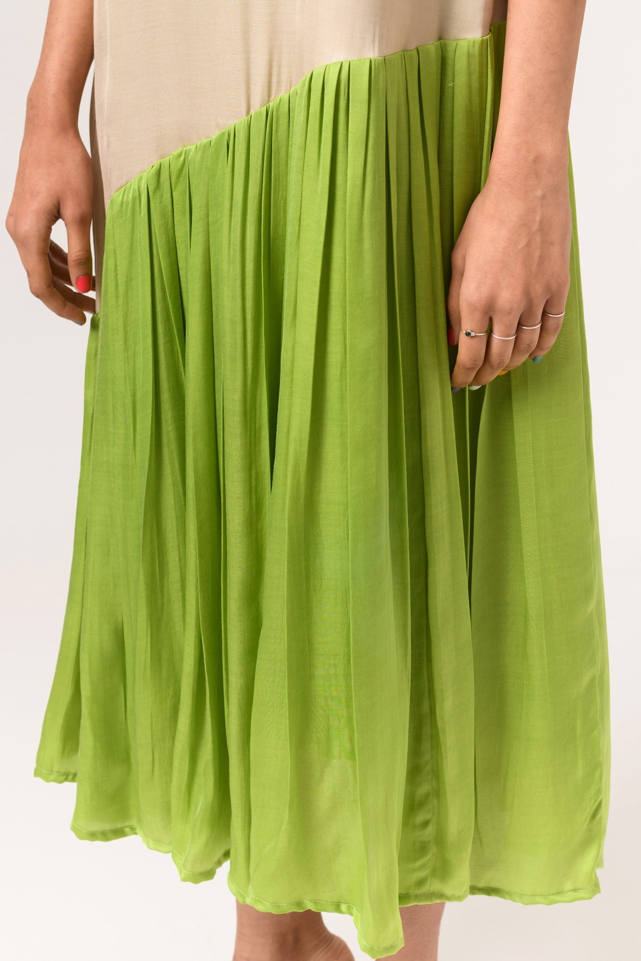 Ecru-Green Gather Dress - CiceroniNeora