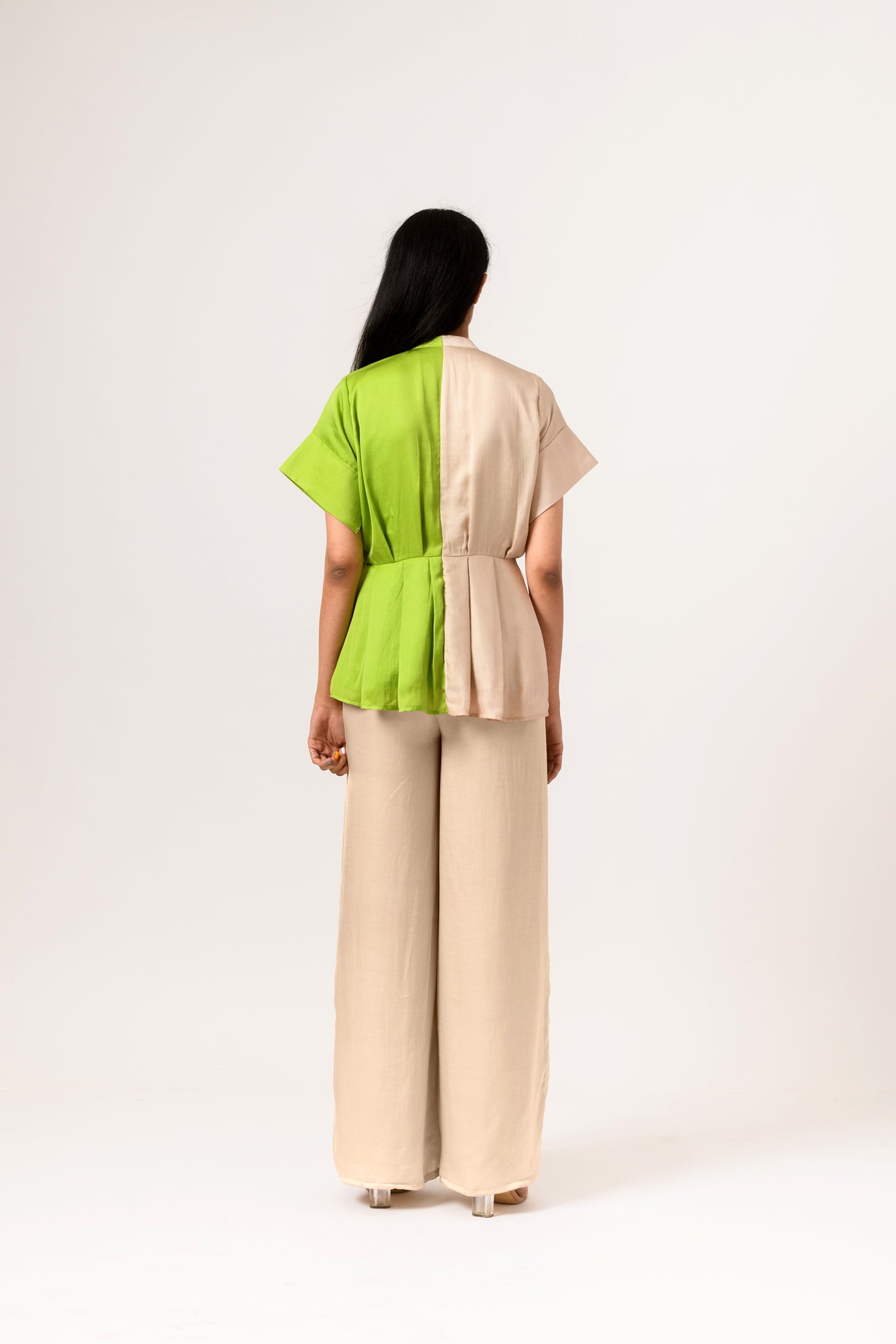 Ecru-Green Half-Half Blocked Blouse - CiceroniNeora