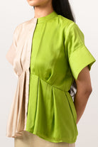 Ecru-Green Half-Half Blocked Blouse - CiceroniNeora