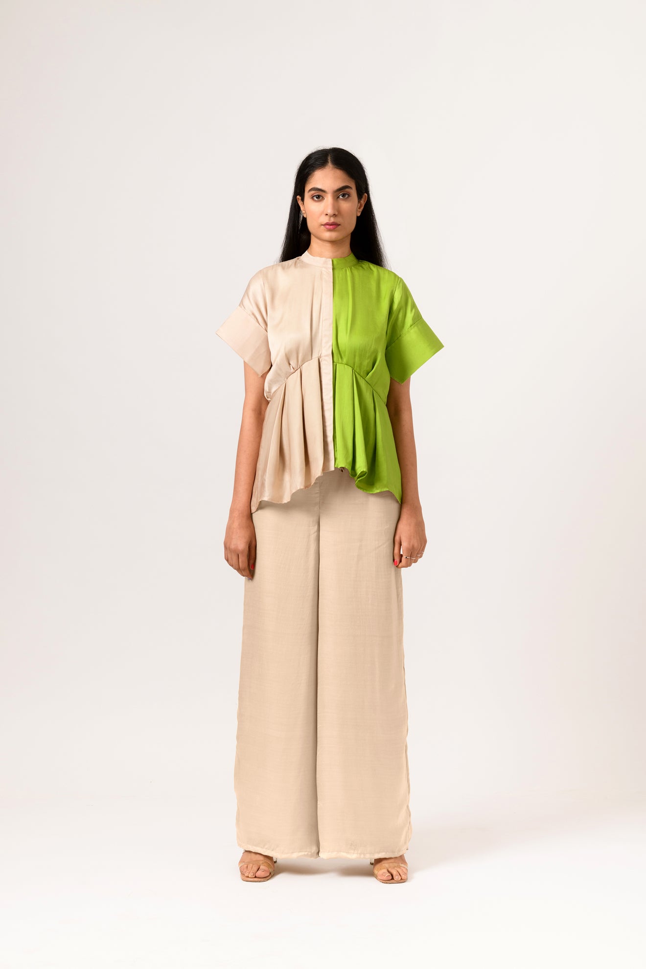 Ecru-Green Half-Half Blocked Blouse - CiceroniNeora