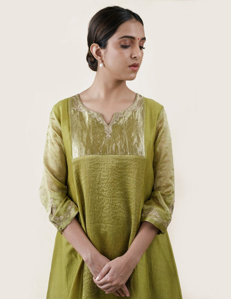 Fresh Green Tissue Stripes/Chanderi Silk - A-line Kurta Set - CiceroniBhavik Shah