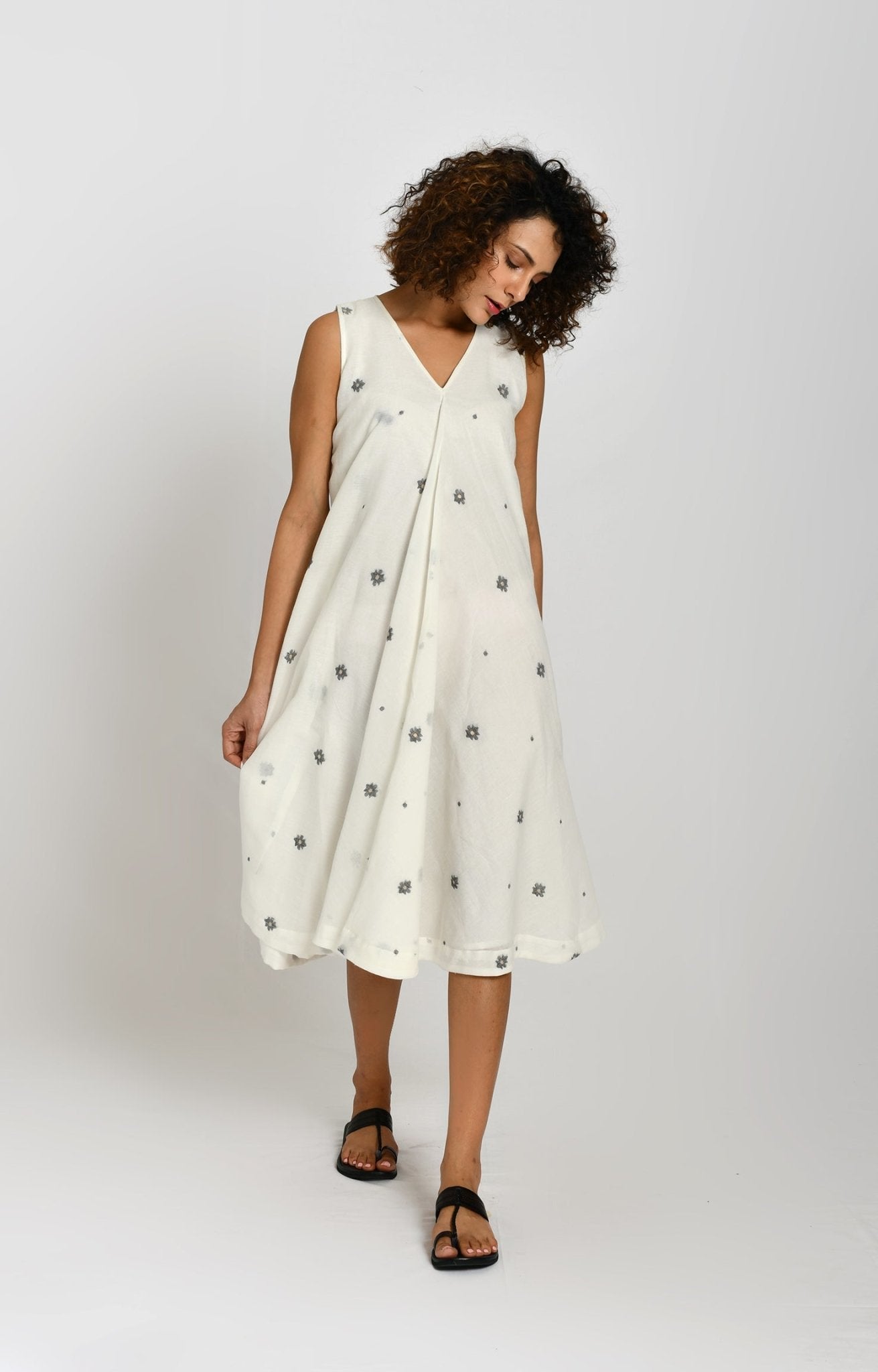 Front Flare Jamdani A- Line Dress- White - CiceroniDressesHiranya