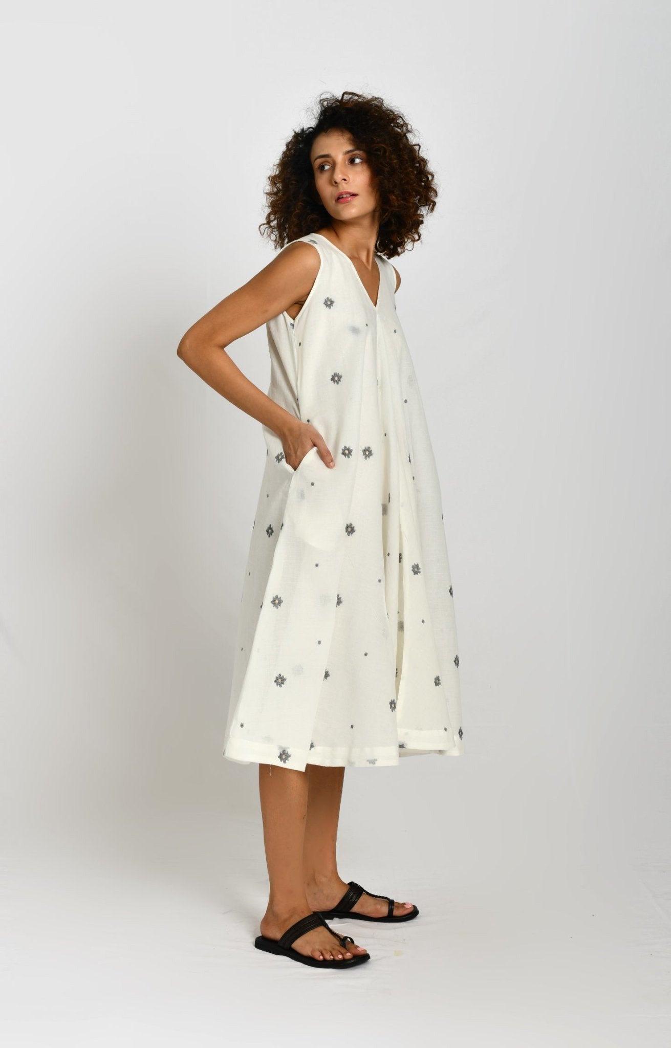 Front Flare Jamdani A- Line Dress- White - CiceroniDressesHiranya