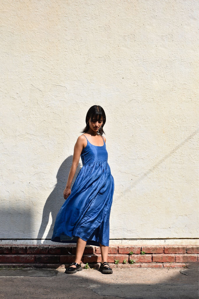 Gathered Silk Dress-Medium indigo - CiceroniDresseswith N.