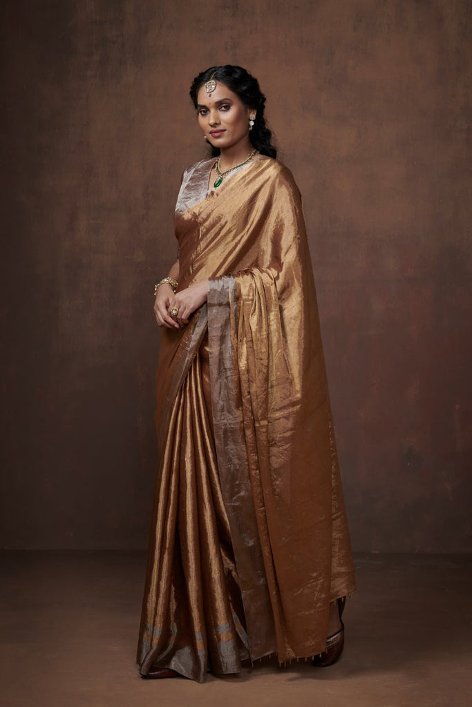 Golden Zari Chanderi Tissue Saree: Subtle sophistication in gold and silver. - CiceroniSareeDressfolk