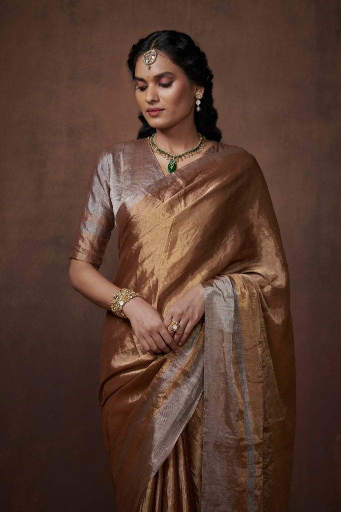 Golden Zari Chanderi Tissue Saree: Subtle sophistication in gold and silver. - CiceroniSareeDressfolk