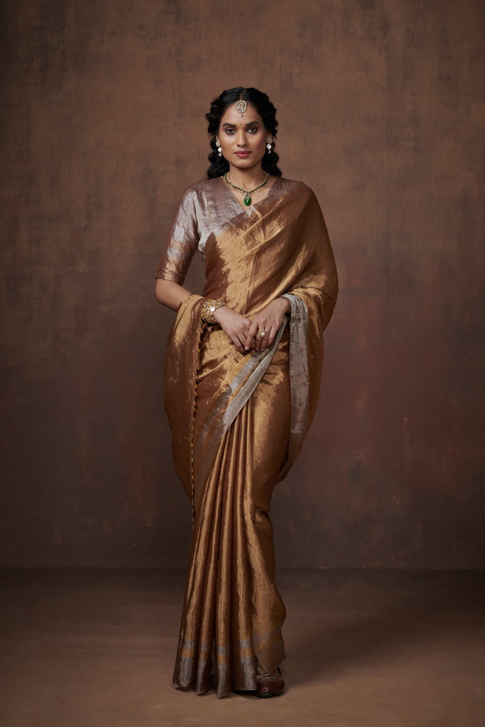 Golden Zari Chanderi Tissue Saree: Subtle sophistication in gold and silver. - CiceroniSareeDressfolk