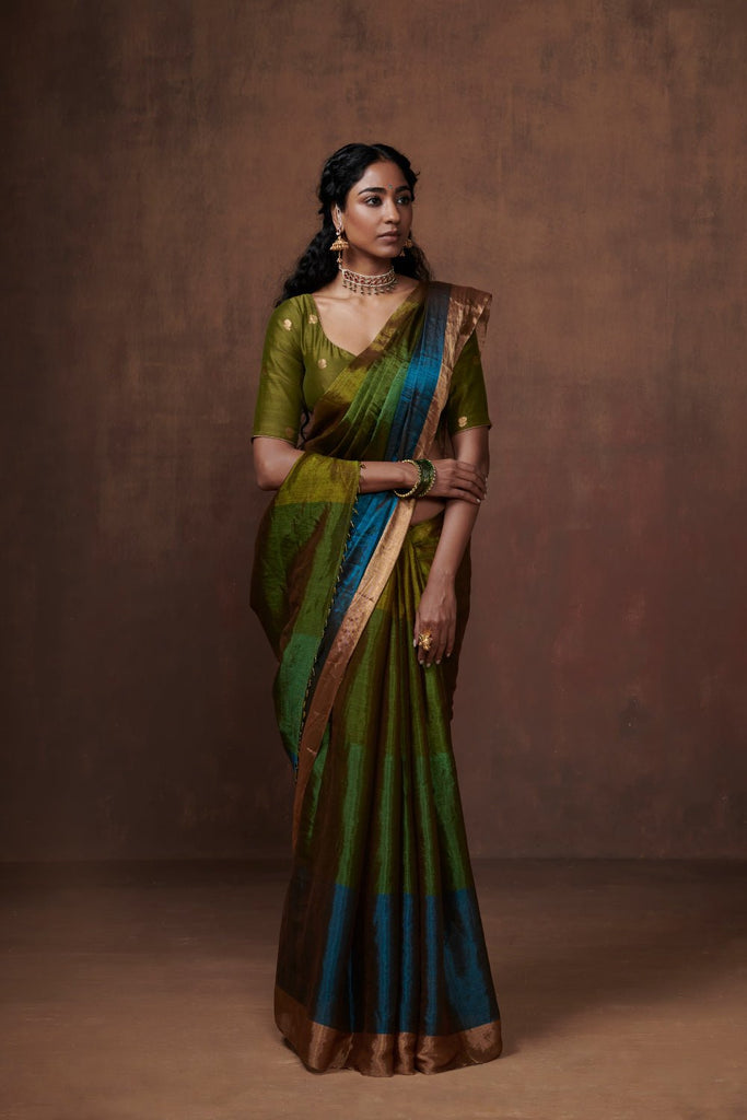 Green Chanderi Tissue Saree with Firozi Zari - CiceroniSareeDressfolk