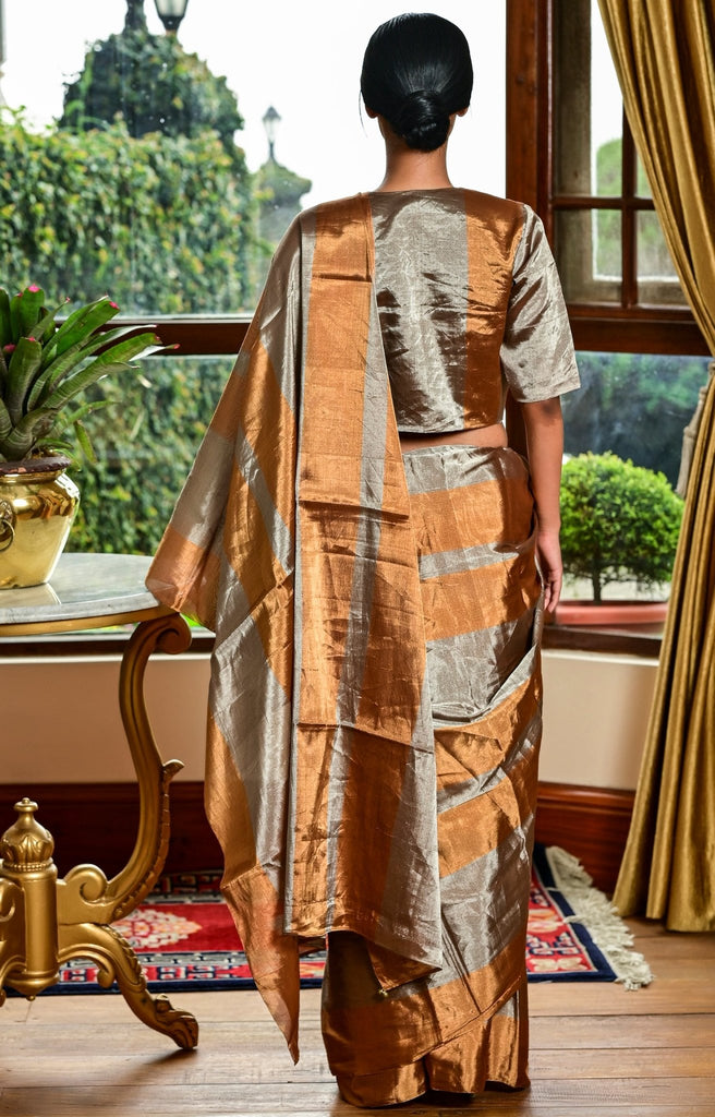 Grey and Antique Gold Graded Tissue Sari - CiceroniSareeHiranya