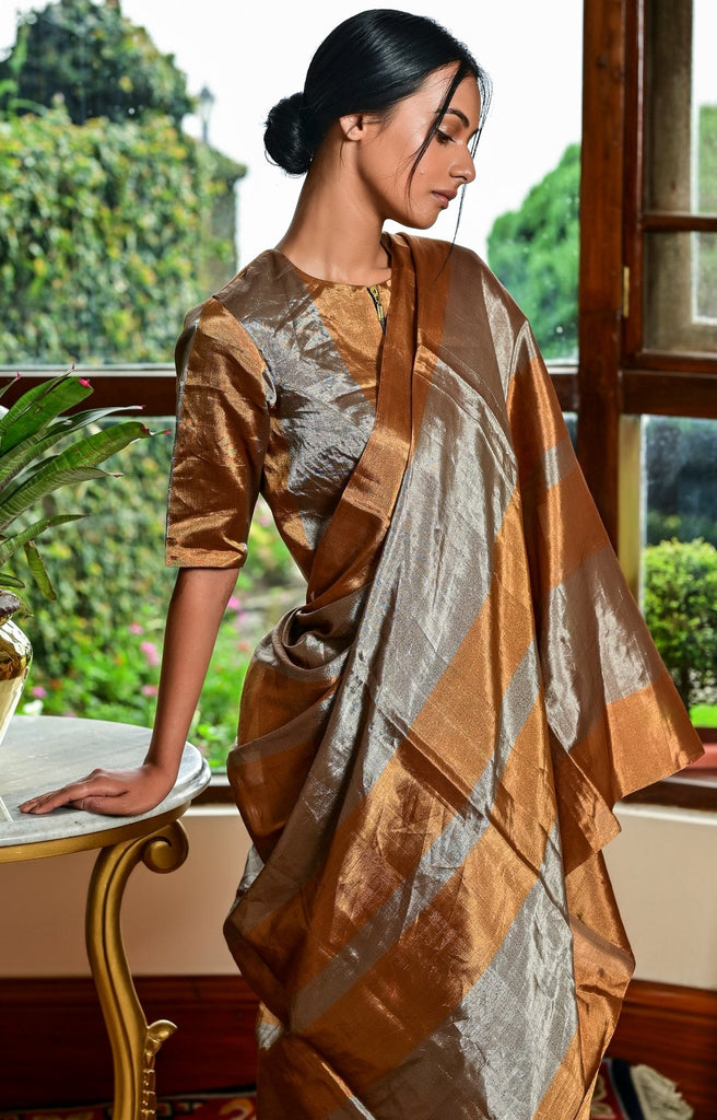 Grey and Antique Gold Graded Tissue Sari - CiceroniSareeHiranya