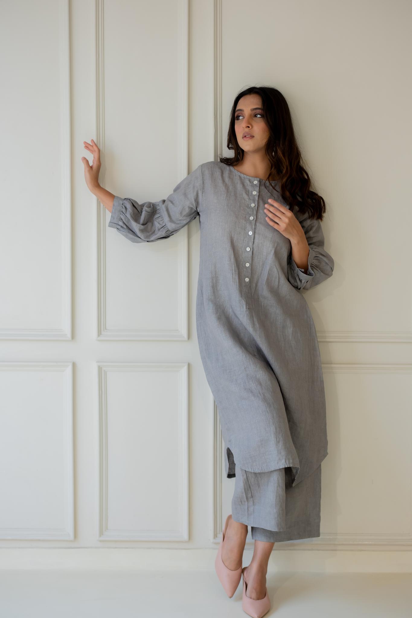 Grey Iris Linen Kurta Set - CiceroniKurta SetSilai Studio