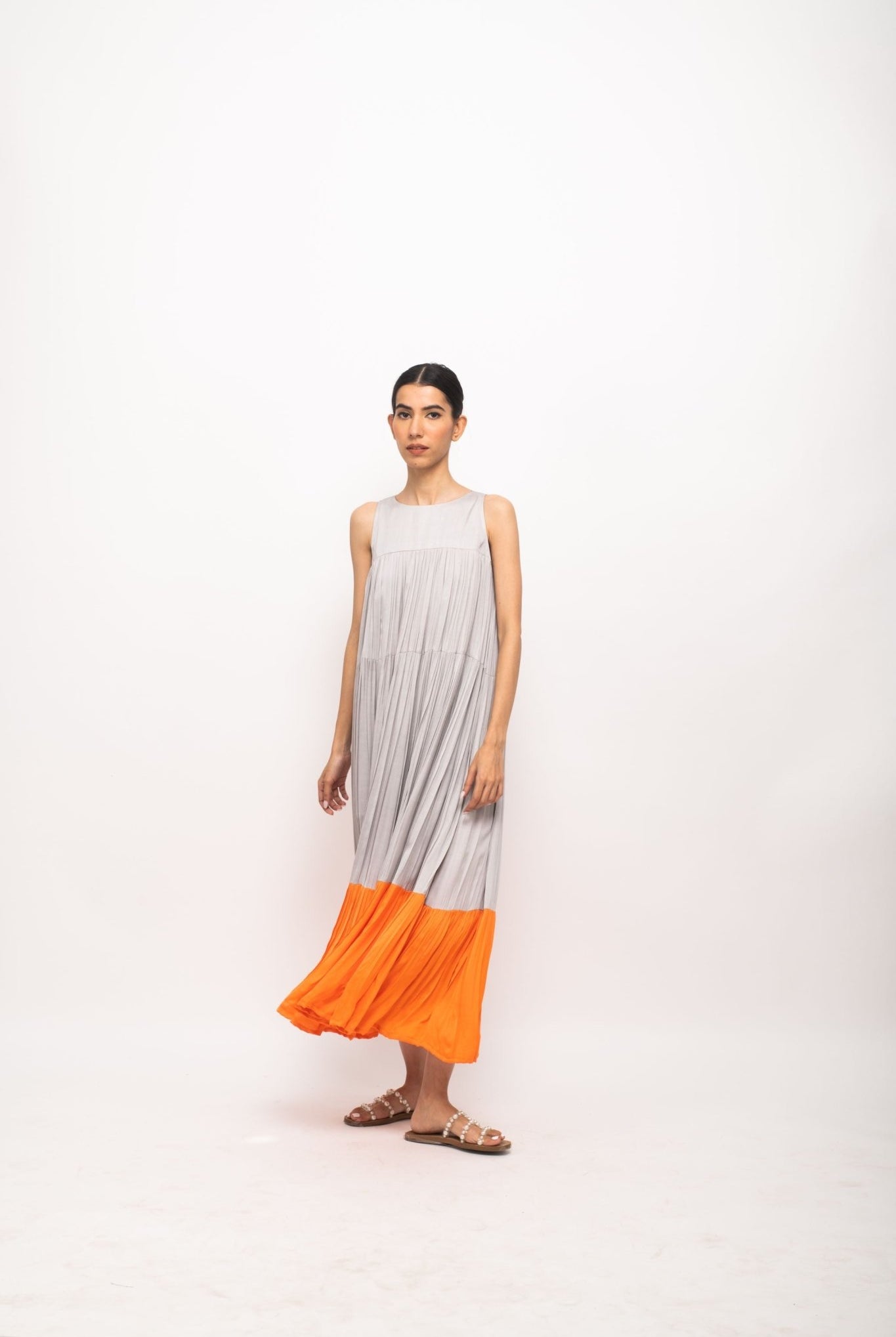 Grey-Orange Halter Neck Dress - CiceroniDressesNeora