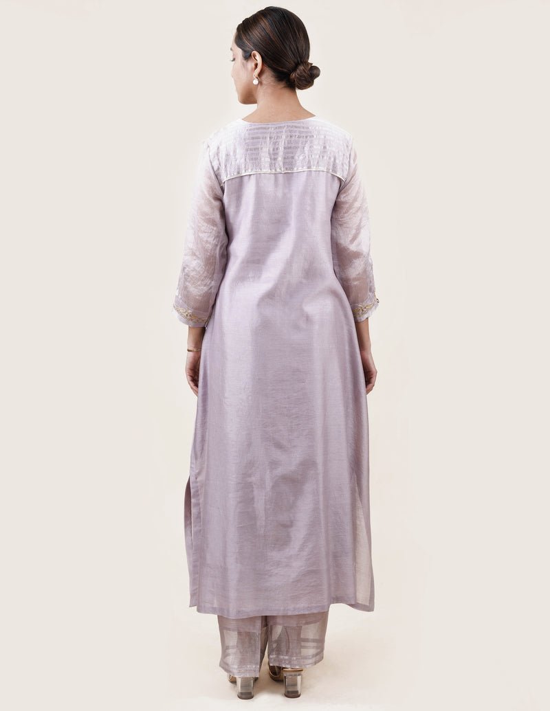 Grey Tissue Stripes/Chanderi Silk - A-line Kurta Set - CiceroniBhavik Shah