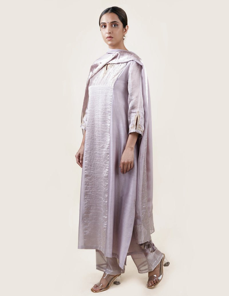 Grey Tissue Stripes/Chanderi Silk - A-line Kurta Set - CiceroniBhavik Shah