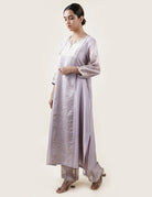 Grey Tissue Stripes/Chanderi Silk - A-line Kurta Set - CiceroniBhavik Shah