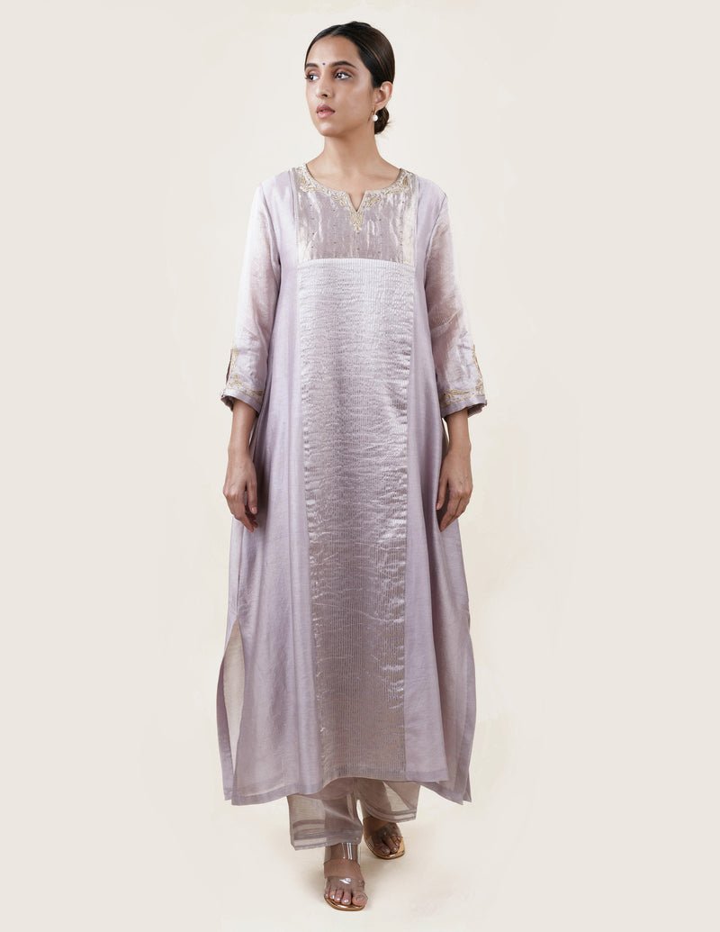 Grey Tissue Stripes/Chanderi Silk - A-line Kurta Set - CiceroniBhavik Shah