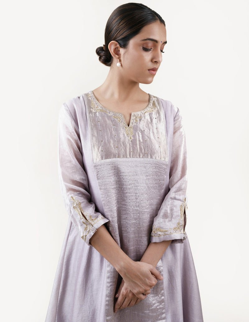 Grey Tissue Stripes/Chanderi Silk - A-line Kurta Set - CiceroniBhavik Shah