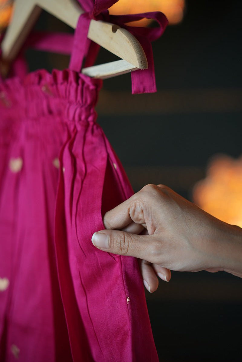 Gulnar 2 in 1 Girls Ethnic Lehenga/ Dress in Pink Heart Handwoven Cotton Silk With Grey Top - CiceroniLehenga SetLove The World Today