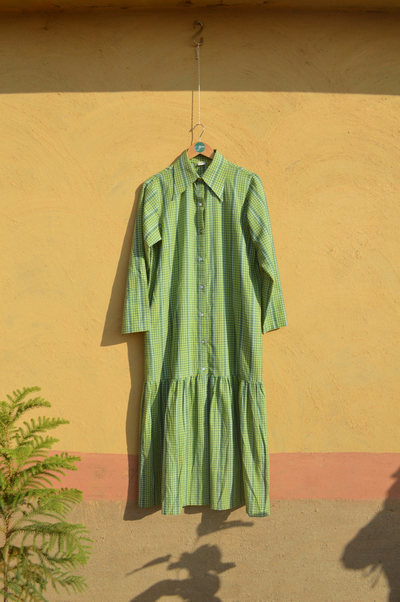 Handloom Checked Dress In Green