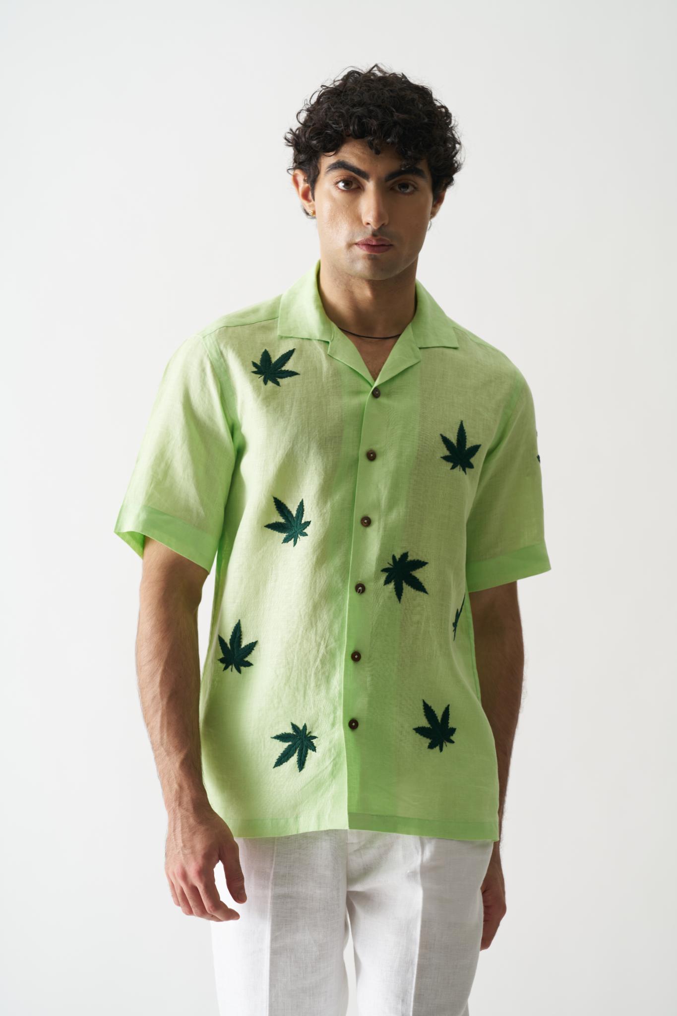 High On Cannabis - Mens Hand Embroidered Pure Linen Shirt - CiceroniShirtsCultura Studio