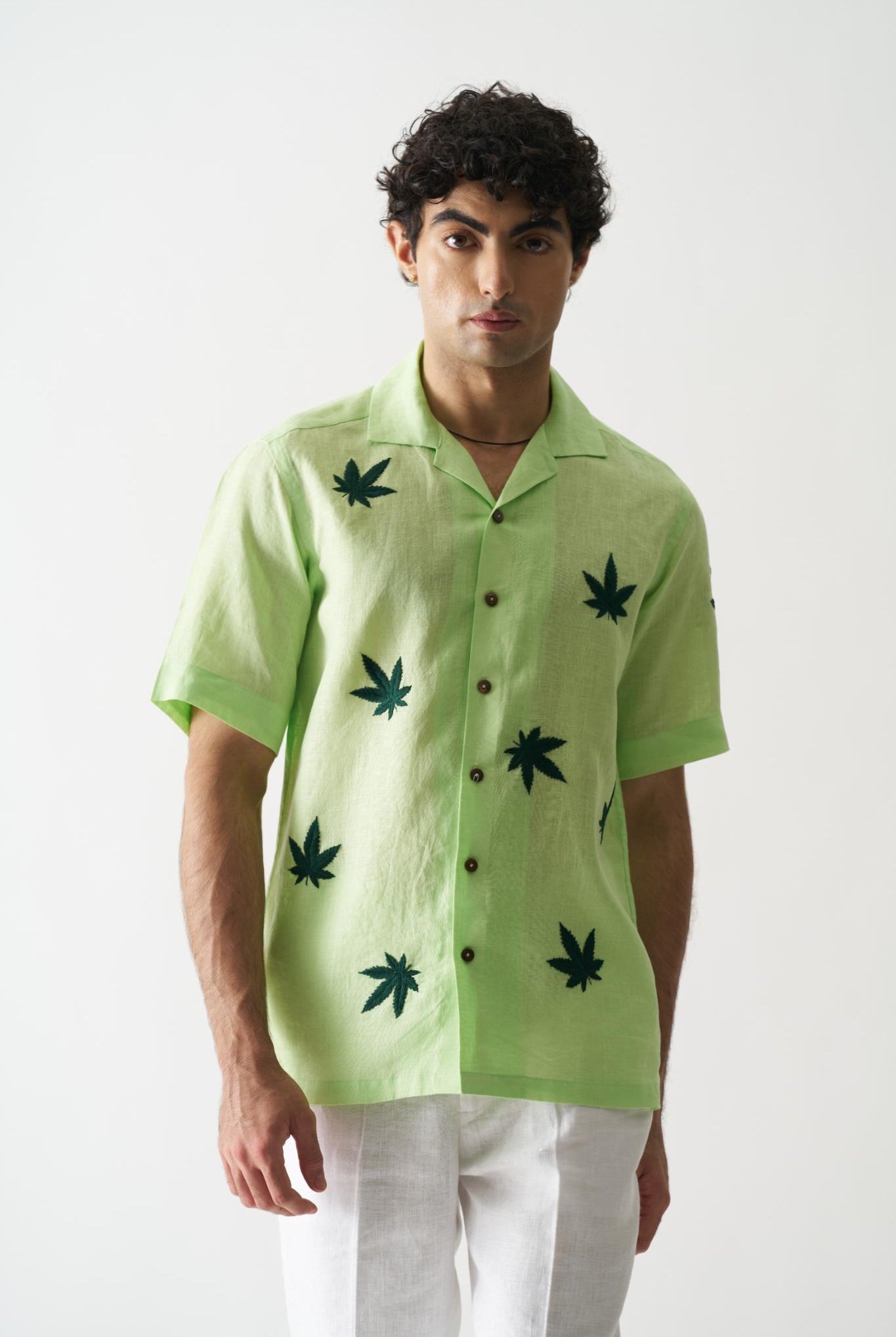 High On Cannabis - Mens Hand Embroidered Pure Linen Shirt - CiceroniShirtsCultura Studio