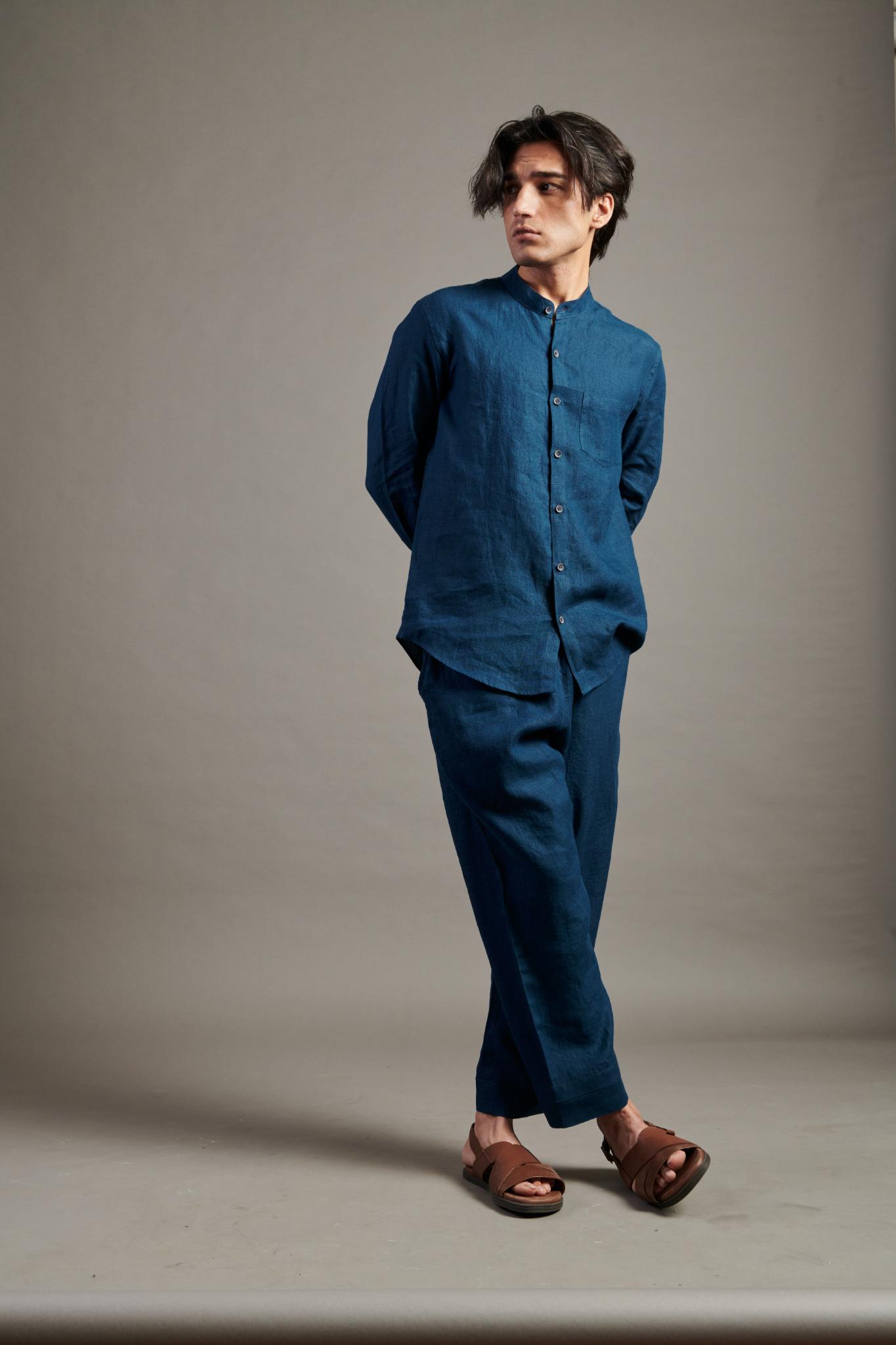 Indigo Linen Band Collar Shirt - CiceroniShirtsSaphed
