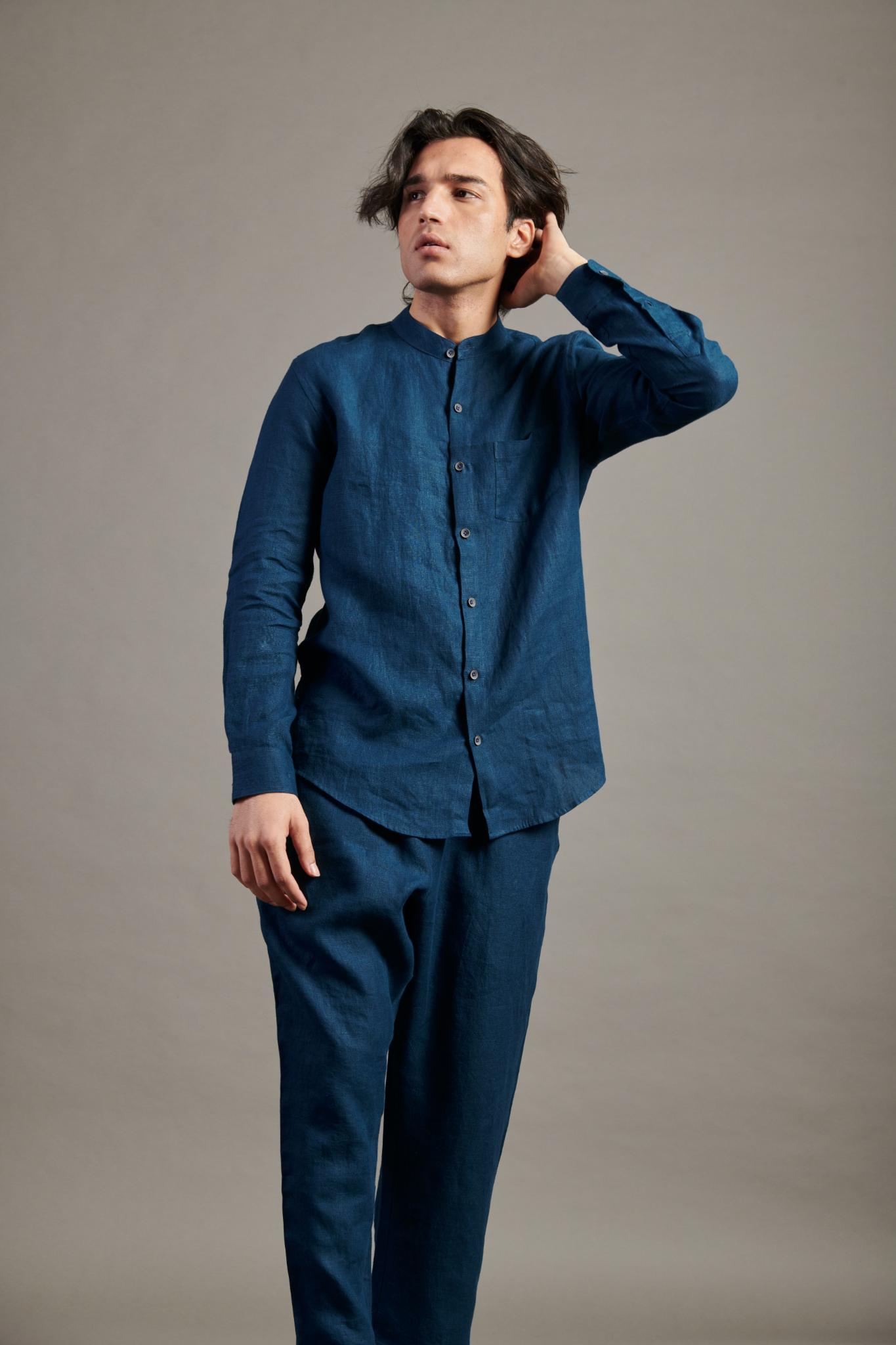 Indigo Linen Band Collar Shirt - CiceroniShirtsSaphed