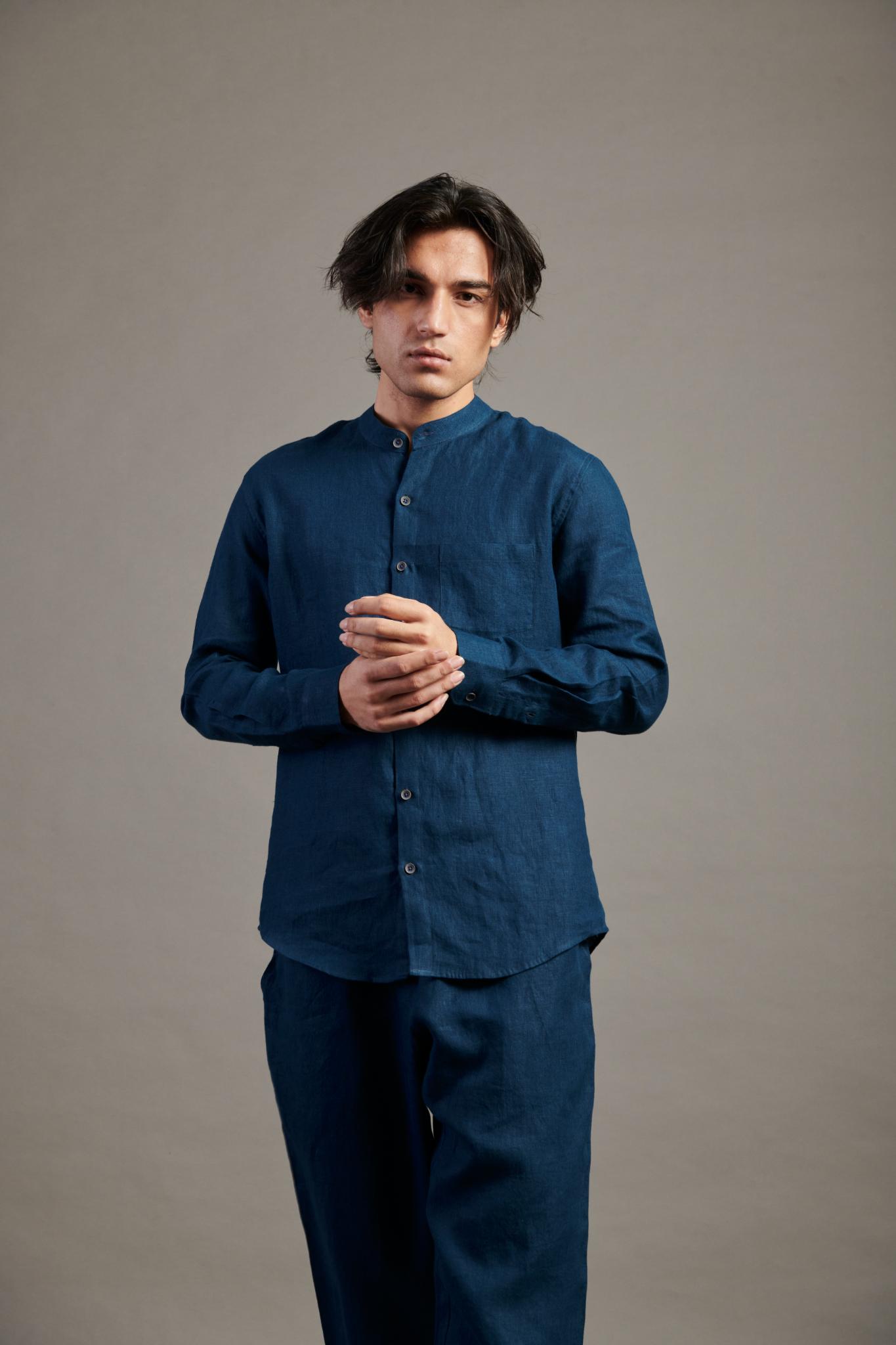 Indigo Linen Band Collar Shirt - CiceroniShirtsSaphed