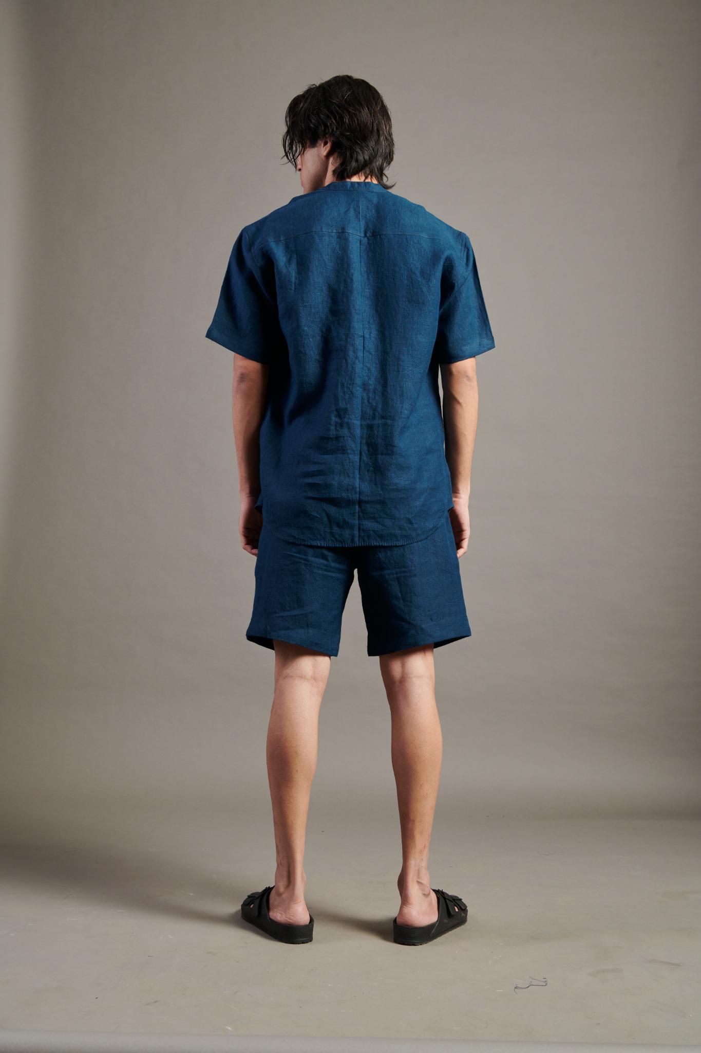 Indigo Linen Half Sleeves Band Collar Shirt - CiceroniShirtsSaphed
