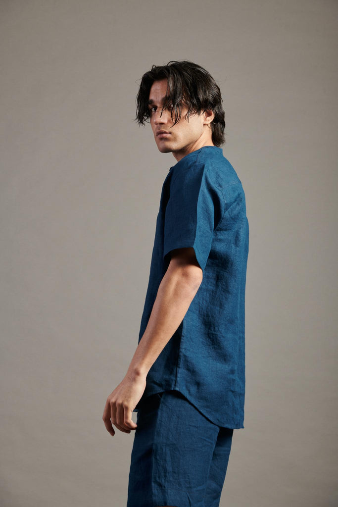 Indigo Linen Half Sleeves Band Collar Shirt - CiceroniShirtsSaphed