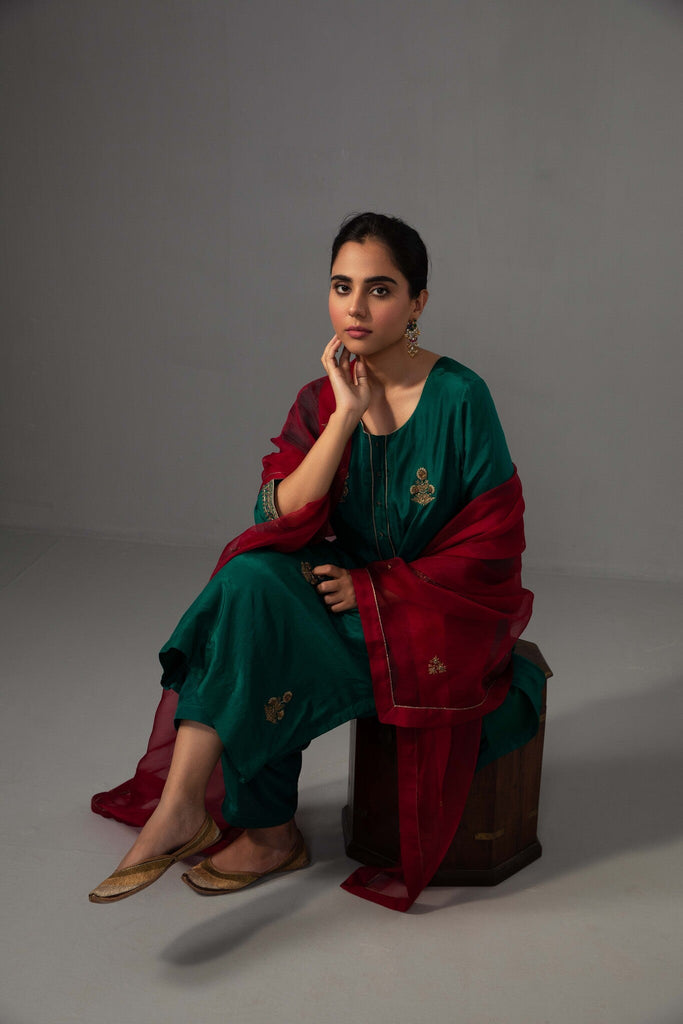 Kushi Kurta Dupatta Set - Emerald Green - CiceroniKurta Set, Festive wearLabel Shreya Sharma