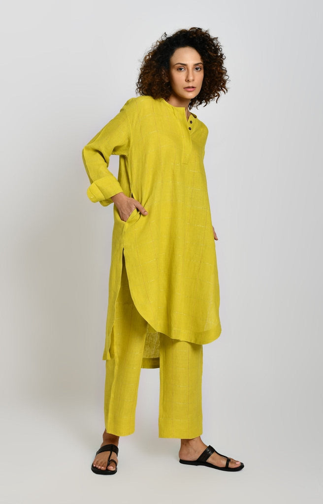 Linen Zari Checks Tunic - Olive - CiceroniTunicsHiranya
