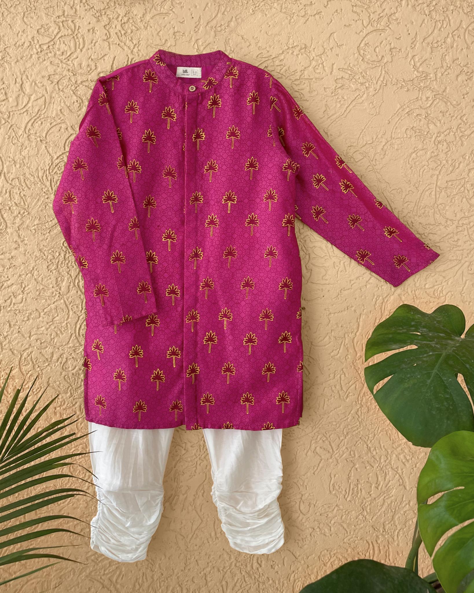 Maanik Cotton Silk Magenta Block Printed Kurta with Zari Embroidered Long Sherwani Jacket and Churidaar - CiceroniKurta SetMiko Lolo