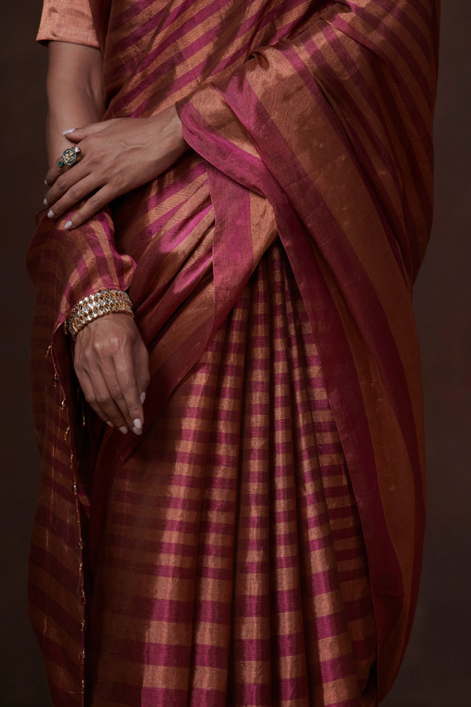 Magenta and copper zari stripes handwoven tissue saree - CiceroniSareeDressfolk