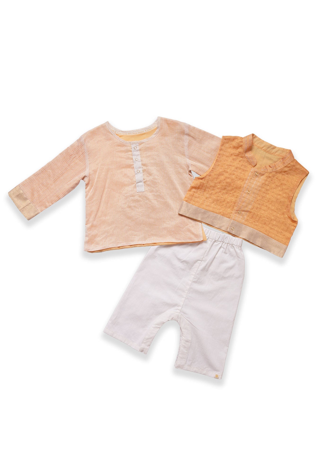 Maheshwari Handwoven Cotton Silk Kurta, Bundi & Pant Set - Marigold - Pack of 3 - CiceroniKurta SetGreendigo