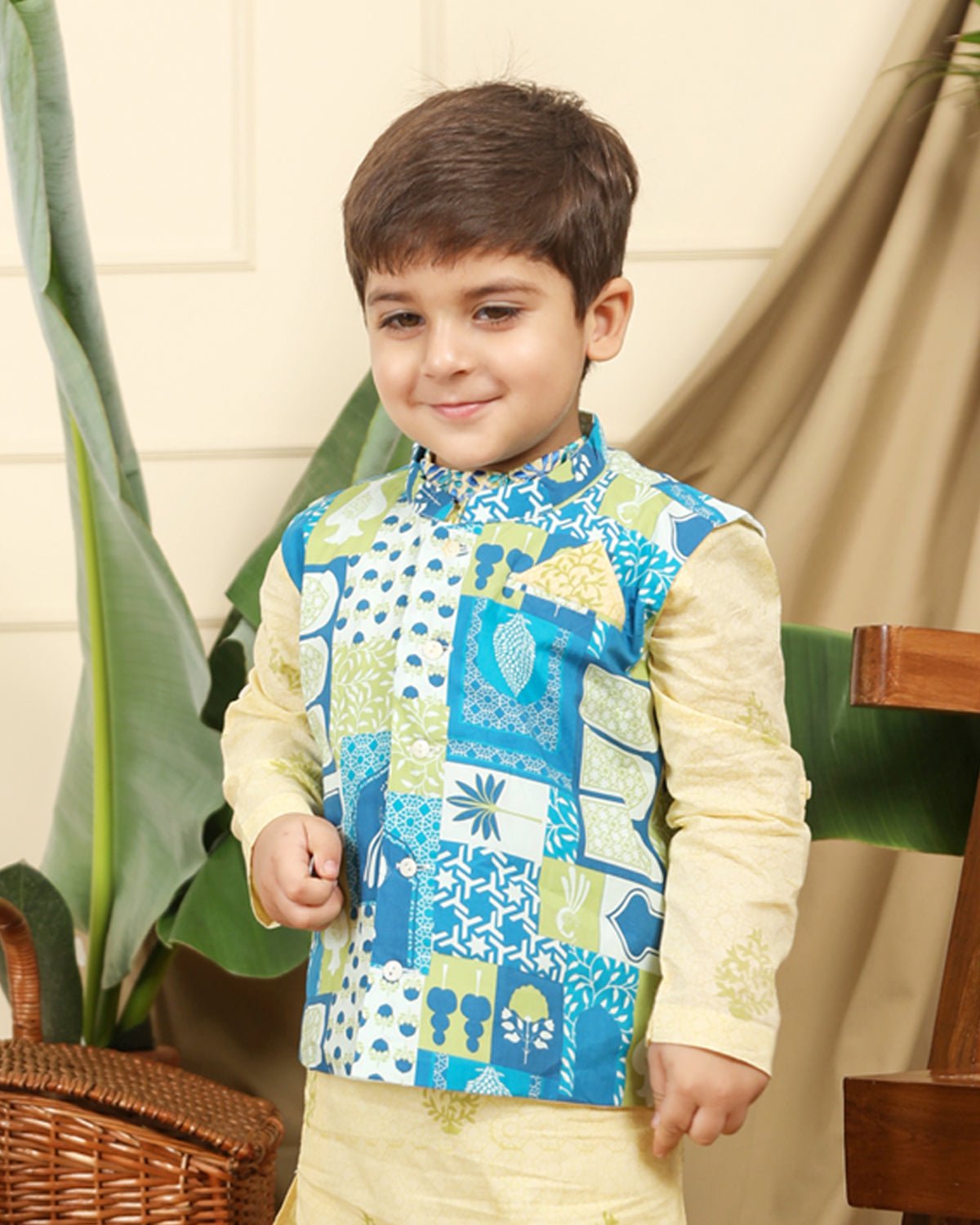 White Cotton Printed Nehru Jacket With Kurta Set For Boys Design by Tjori  at Pernia's Pop Up Shop 2024