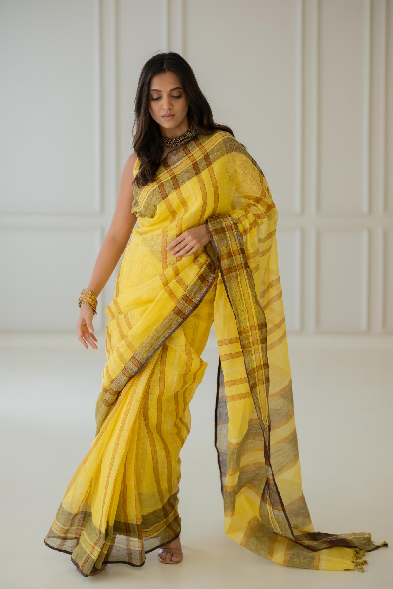 Marigold Linen Saree - CiceroniSareeSilai Studio