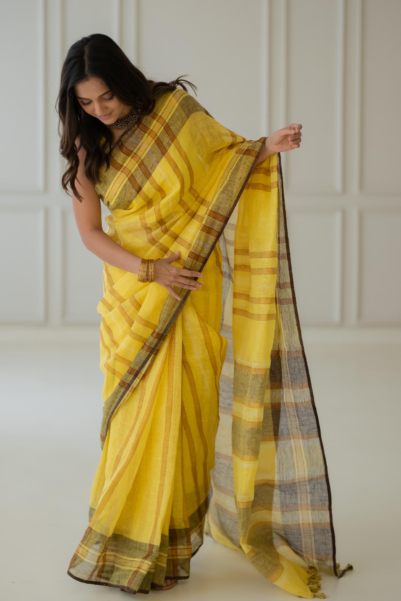 Marigold Linen Saree - CiceroniSareeSilai Studio