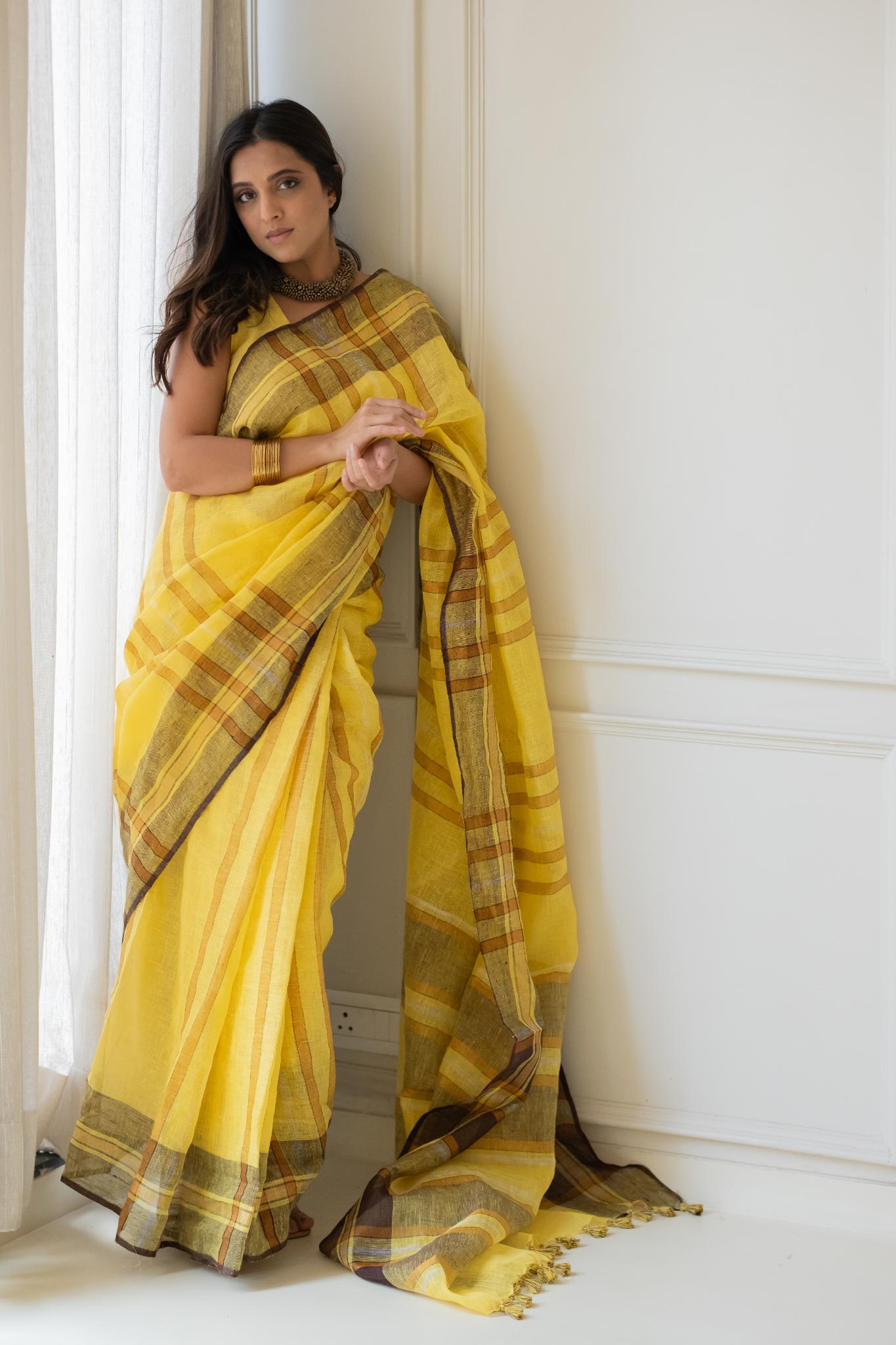 Marigold Linen Saree - CiceroniSareeSilai Studio