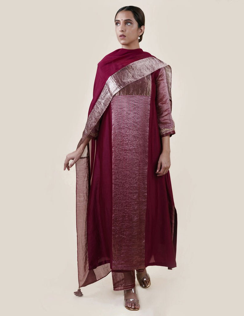 Mauve Tissue Stripes/Chanderi Silk - A-line Kurta Set - CiceroniBhavik Shah