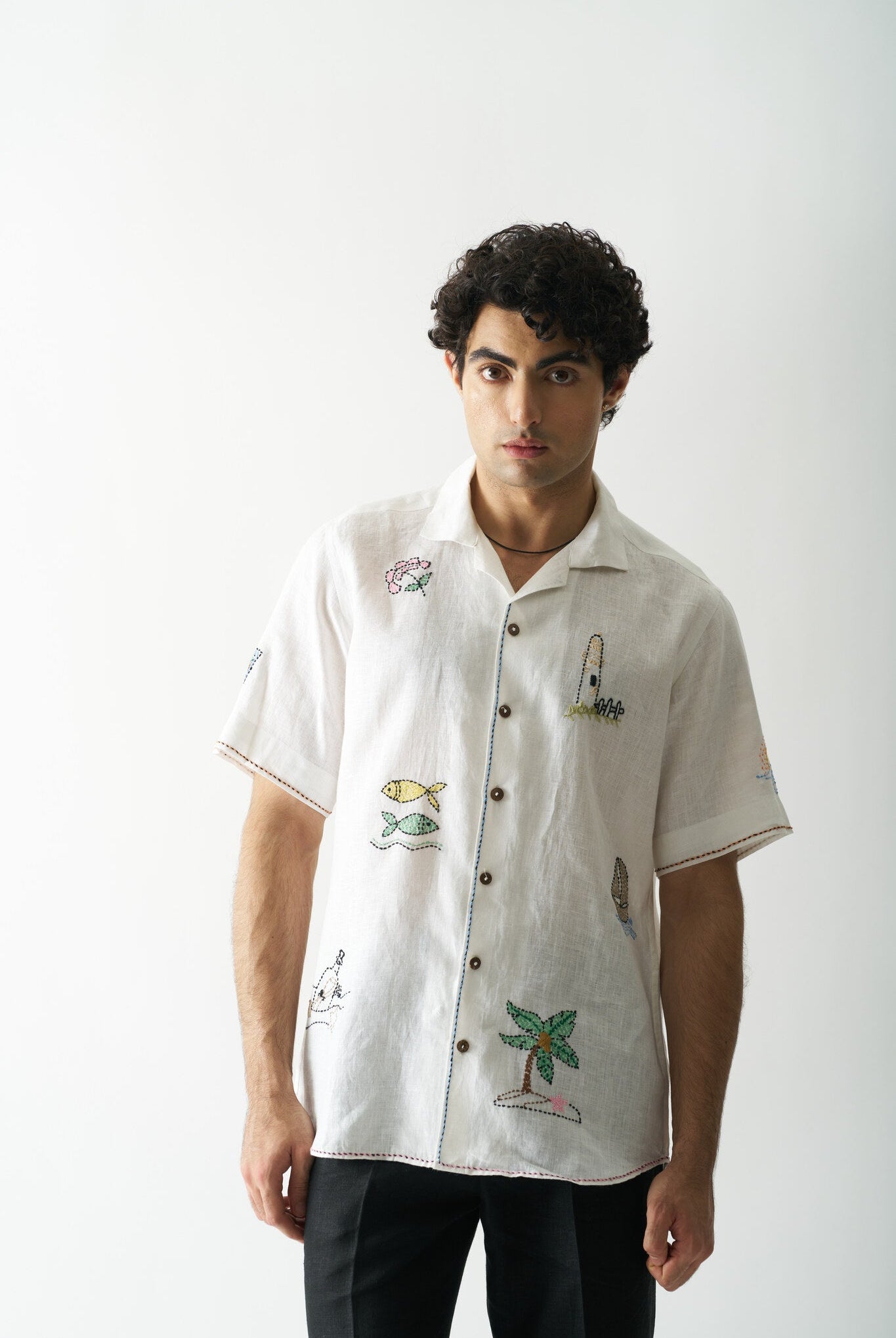 Mens Hand Embroidered Pure Linen Shirt - Beach Bliss - CiceroniShirtCultura Studio