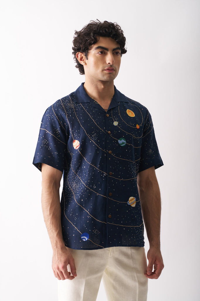 Mens Hand Embroidered Pure Linen Shirt - Celestial Panorama - CiceroniShirtCultura Studio