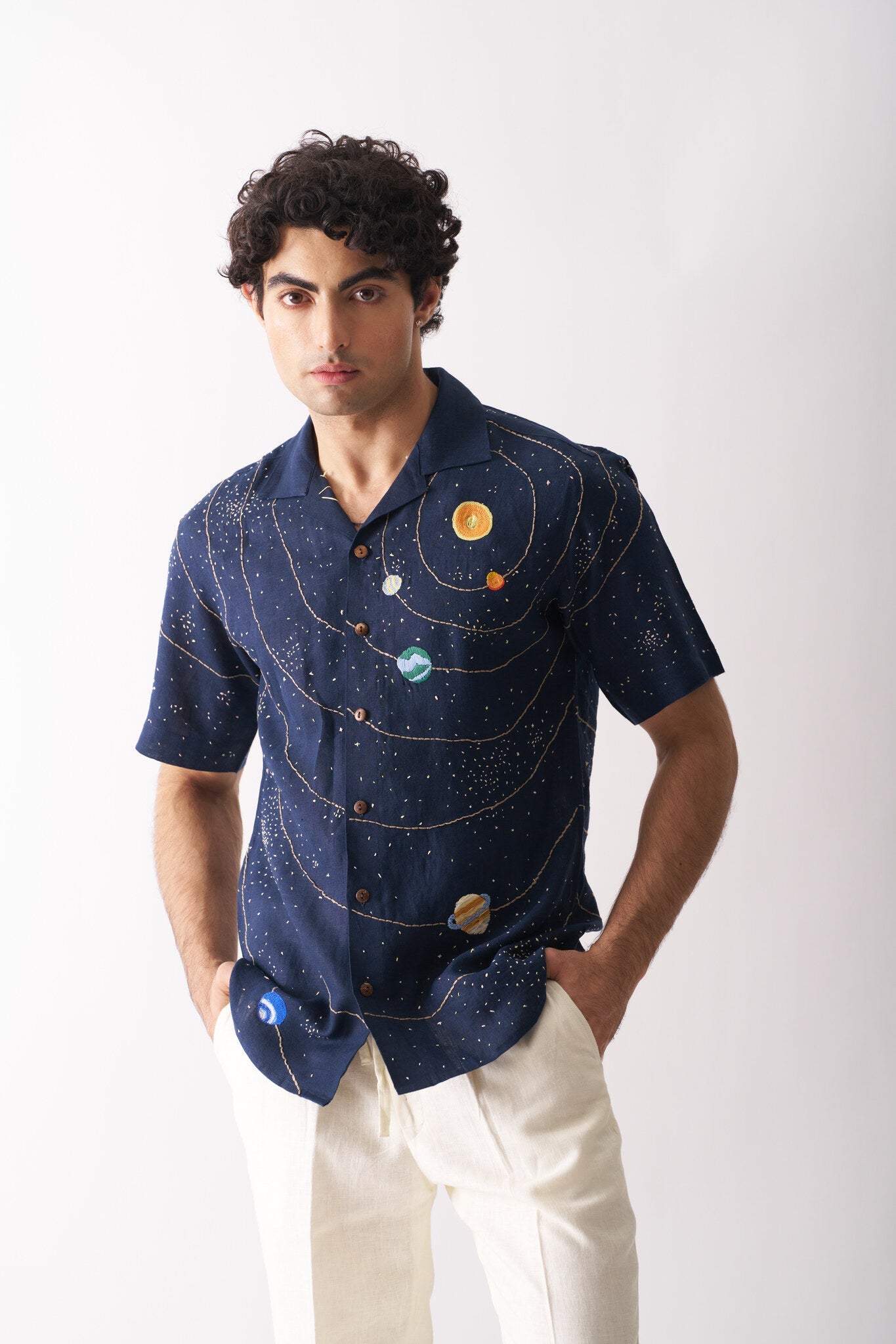 Mens Hand Embroidered Pure Linen Shirt - Celestial Panorama - CiceroniShirtCultura Studio