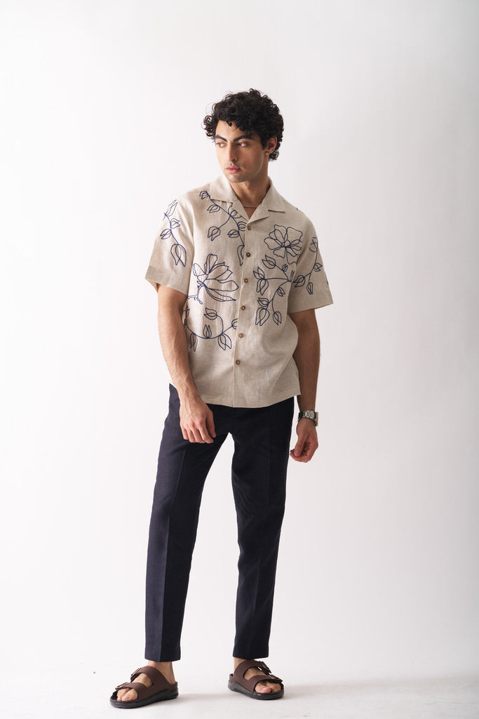 Mens Hand Embroidered Pure Linen Shirt - Floral Serenade - CiceroniShirtCultura Studio