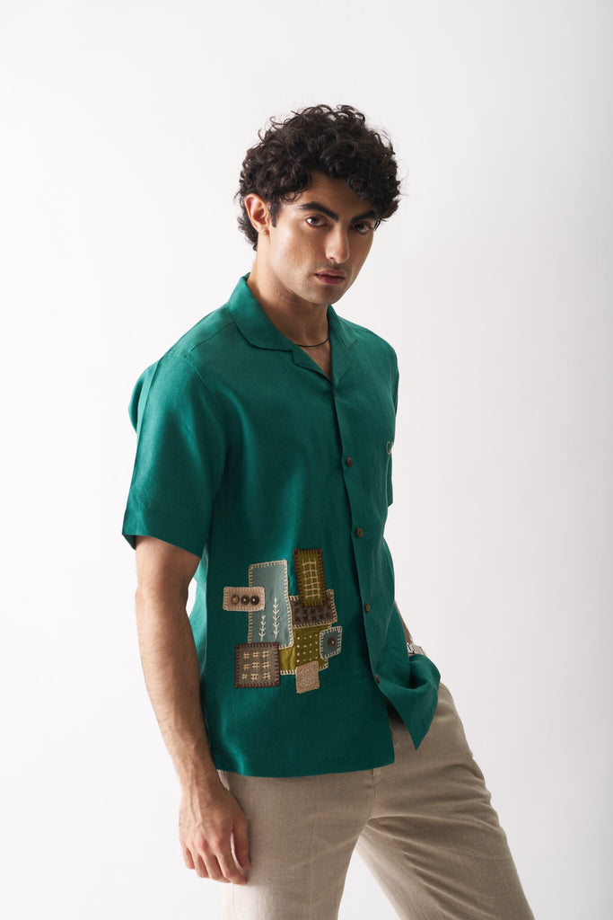 Mens Hand Embroidered Pure Linen Shirt - That Green Applique Shirt - CiceroniShirtCultura Studio