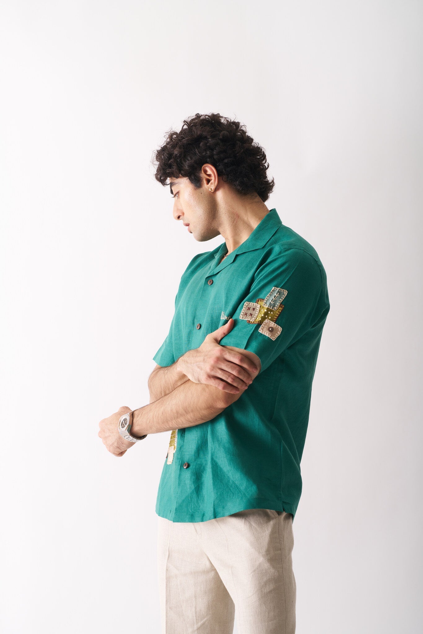 Mens Hand Embroidered Pure Linen Shirt - That Green Applique Shirt - CiceroniShirtCultura Studio
