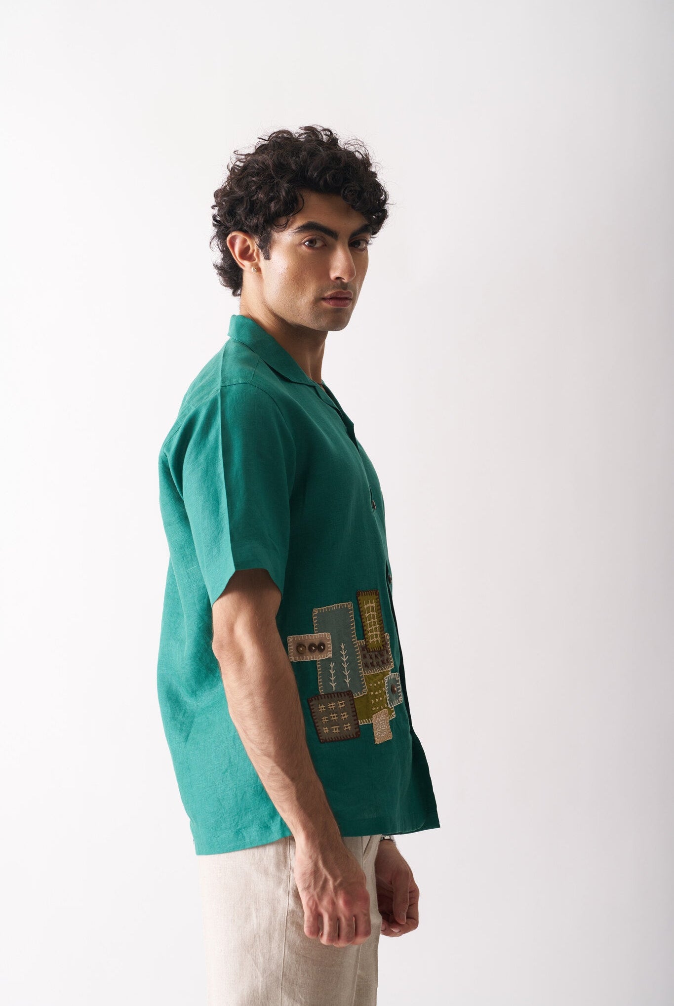 Mens Hand Embroidered Pure Linen Shirt - That Green Applique Shirt - CiceroniShirtCultura Studio