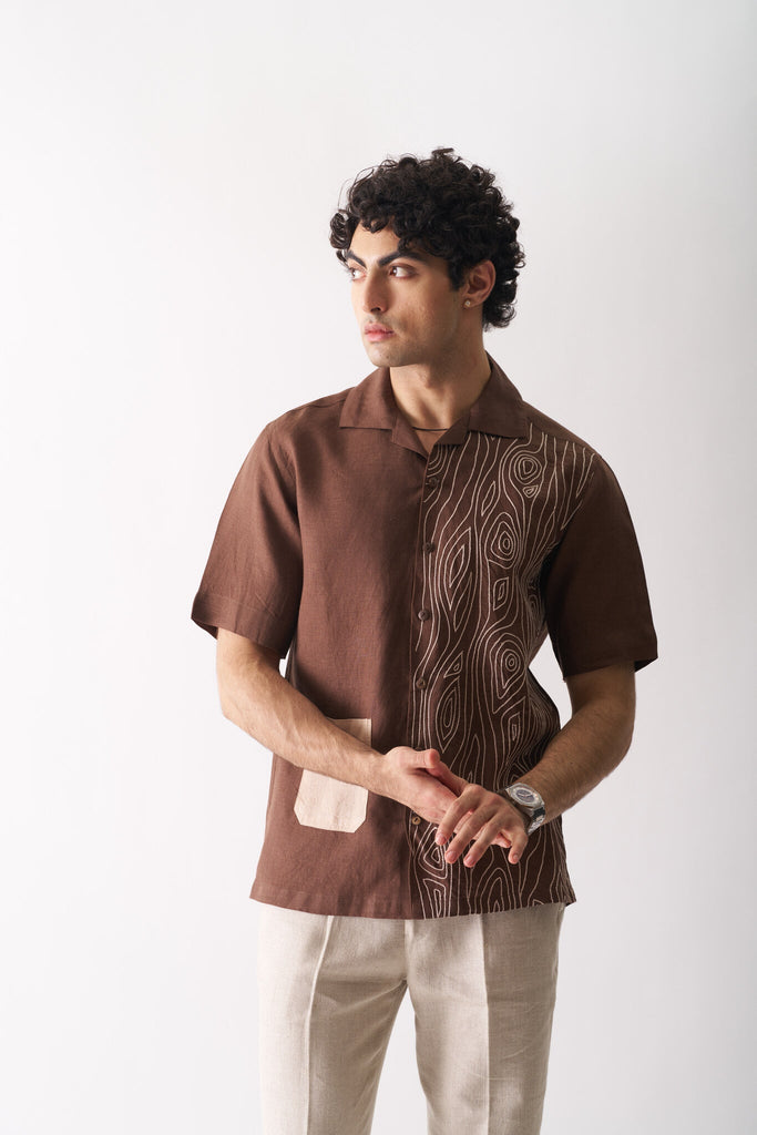 Mens Hand Embroidered Pure Linen Shirt - Woodland Breeze - CiceroniShirtCultura Studio